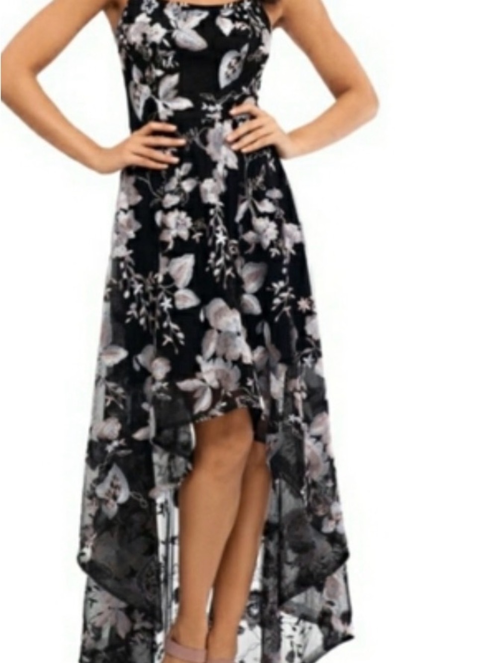 Xscape Floral High-Low Black & Gray Dress